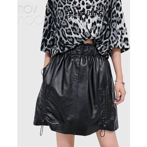 Novmoop genuine leather women skirt A-line elastic waistband shirring on both sides casual chic style Jupe en cuir LT3558