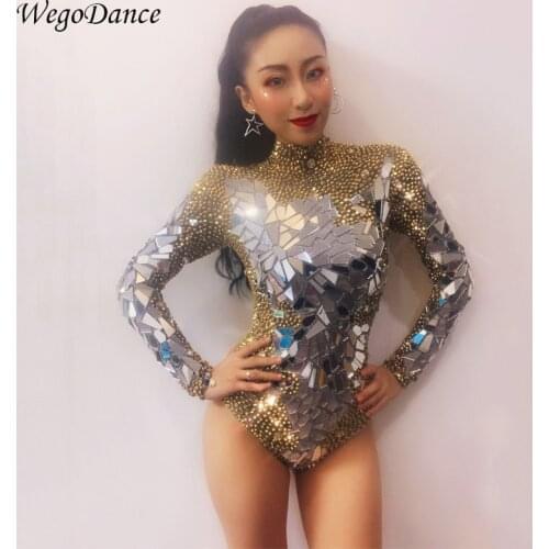 New Sexy Gold Full Stones Dance Bodysuit Female Birthday Celebrate Leotard Outfit Singer Dancer Fashion Stretch Costume