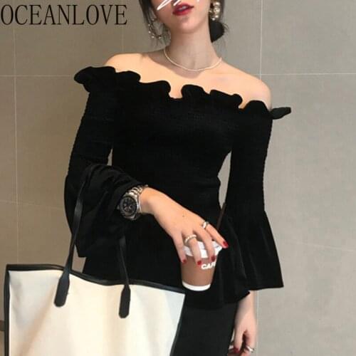 OCEANLOVE Autumn Winter Blouses Solid Velvet Slash Neck Sexy Ruffles Blusas Feminina Korean Vintage Flare Sleeve Ropa Mujer