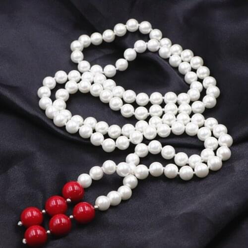 Long Chain Pendant Necklace Simulated Pearl Tassel Necklaces for Women Round Artificial Coral Glass Pearls Bride Chains 34" A740