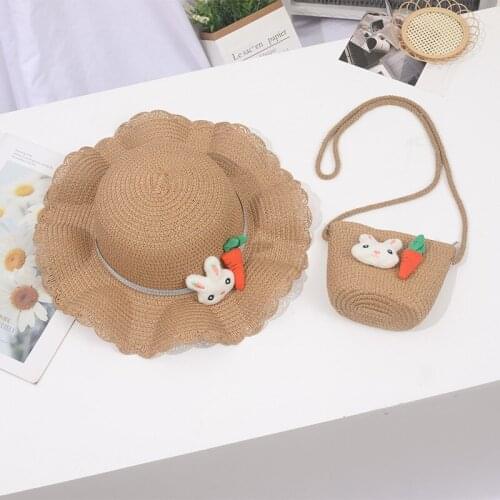 Summer kids baby cartoon rabbit carrot sun hats Girl holiday beach 2pcs sets straw hat and handbag panama gorros