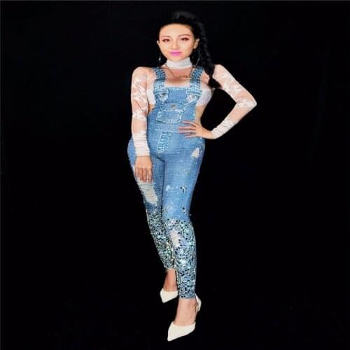 F55 DJ crystals jean sexy Jumpsuit ballroom pole dance costumes stage wears bodysuit singer party performance show clothing bar