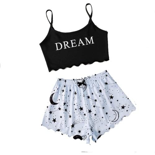 S-XL Hot Sales Sleepwear Home Suit Summer V Neck Sexy Pyjamas Women Femme Spaghetti Strap Loose Print Lovely Nightie