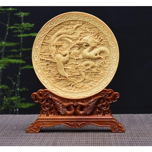 Wood carving dragon phoenix, dragon and phoenix Chengxiang, wood crafts gift Home desktop decoration office ornaments (A1023)