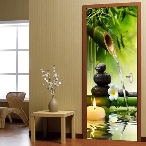 DIY 3D Green Bamboo Scenery Door Stickers Creative PVC Self-adhesive Living Room Door Mural Wall Sticker Poster Photo Wallpaper