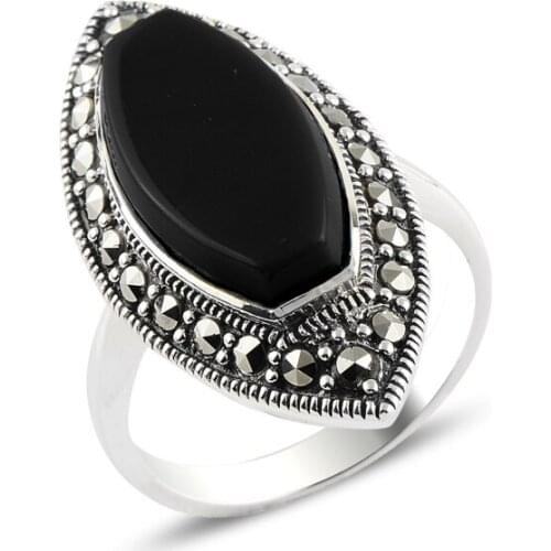 Silver 925 Sterling Onyx & Marcasite Ring