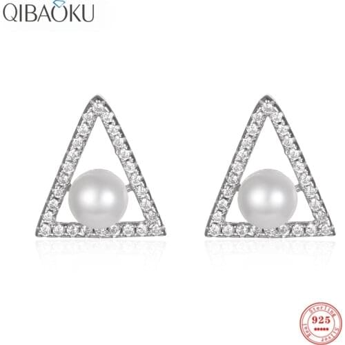 Natural White Pearl Triangle Earrings 925 Sterling Silver Stud Earrings for Women Zircon Pearl Fine Jewelry Exquisite Earring