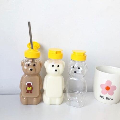 Lovely Cartoon Bear Straw Cup Water Bottle with Lid Leakproof Home Travel Couple