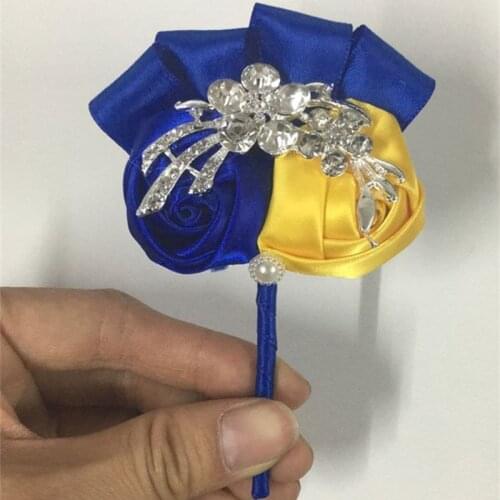 Bride Wedding Groom Boutonniere Royal Blue Yellow Satin Rose Flowers Corsage for Prom Crystal Brooch Flowers de novia XH0688-6