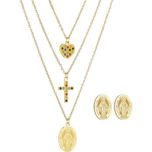 Stainless Steel Jewelry Virgin Mary Color Inlaid Crystal Cross Love Necklace Earrings Ladies Jewelry Set No Fade