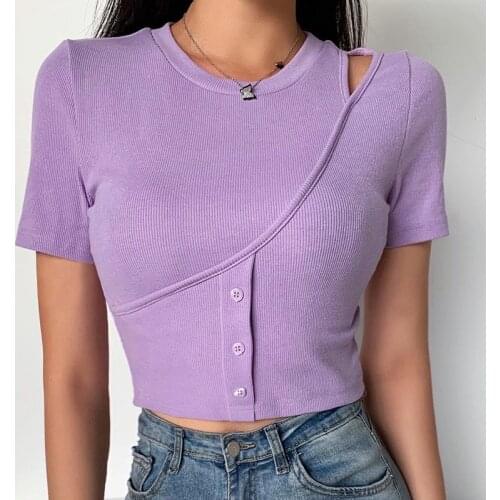 Womens T-shirt Button Knitted Ribbed Top Fashion Elastic Solid Casual Fashion Summer Cropped Shirts Female Streetwear