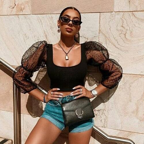 New Fashion Sexy Women Lace See-through Sheer Mesh Polka Dot Puff Long Sleeve O neck Slim Club wear Blouse Summer short top