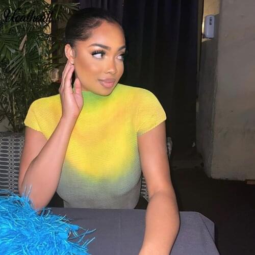 Women T-shirts Half Neck Knitting Crop Tops Women Short Sleeve Stretchy Slim Waist T-shirts Tie-dye Tops For Women