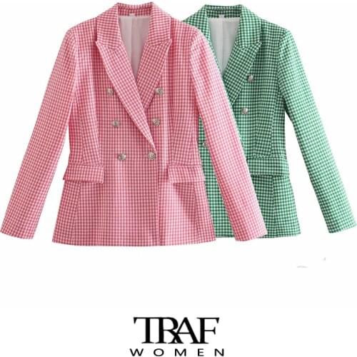 TRAF Za Women Fashion Double Breasted Houndstooth Blazer Coat Vintage Long Sleeve Flap Pockets Female Outerwear Chic Tops