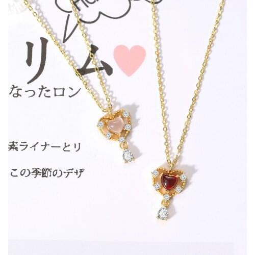 LAMOON S925 Silver Necklace For Women Natural Rose Quartz Sweet Heart Necklaces Pendant AAA+ CZ 14K Gold Plated Fine Jewelry