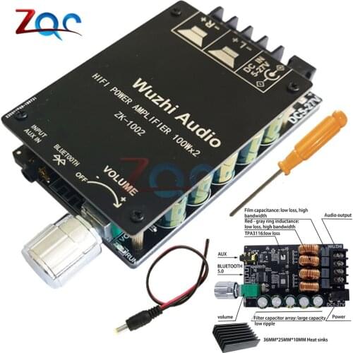 ZK-1002 HIFI Wireless Bluetooth 5.0 TPA3116 Digital Power Audio Amplifier Board 100W X2 Stereo AMP Amplificador Home Theater