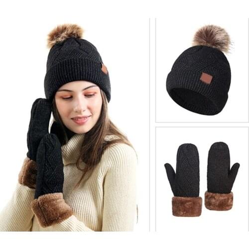 2 Piece Women Winter Pompom Beanie Hat Gloves Set Thick Faux Fleece Lined Warm Cable Knit Cuffed Skull Cap Mittens