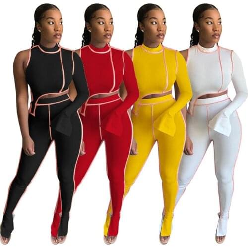 2020 Autumn Winter Striped Patchwork Sweatsuit Two Piece Set One Sleeve Top and Flare Pants Set High Street Tracksuit Plus Size