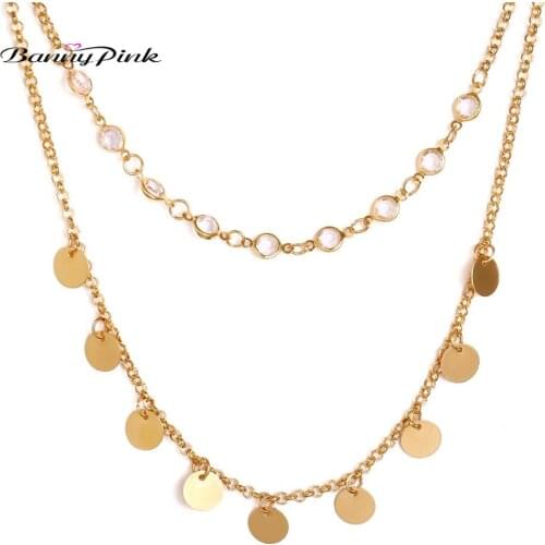 Banny Pink Sexy Multilayer Sequins Pendant Choker Necklace Crystal Statement Clavicle Chain Double Rows Choker Collar Colliers