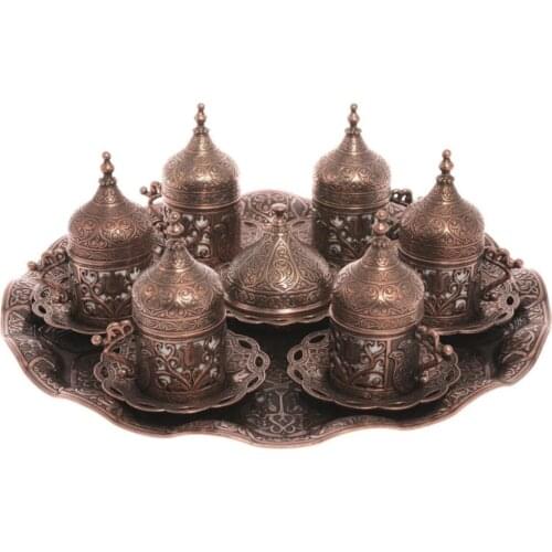 Bazaar Gift Guest Service For Ottoman Tulip Motif Turkish coffee Tray Cup Lokum Set-Antique Copper Color