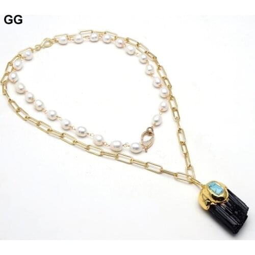 GG Jewelry Natural Freshwater White Rice Pearl Chain Statement Necklace Black Tourmaline Rough Pendant 18" For Women