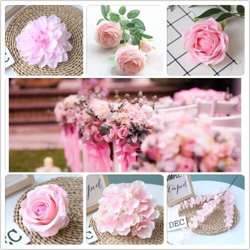 Pink Color Artificial Flower Wedding Rose Peony Hydrangea Plant Bridal Bouquet Wedding Decoration DIY Home Party Fake Flowers