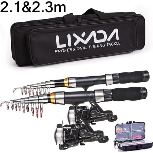 Lixada Fishing Rod Reel Combo Full Kit with 2.1m 2.3m Telescopic Fishing Rods 2PCS Spinning Reels Set with Hooks Soft Lures Bag