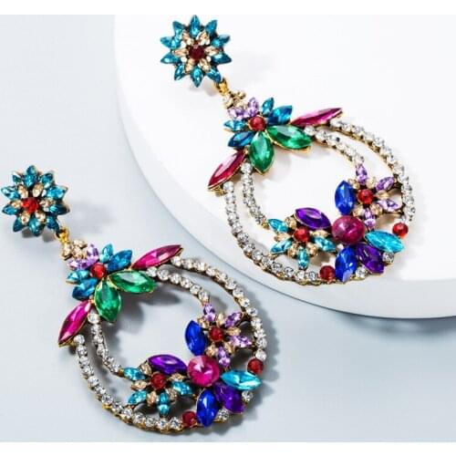 Colorful Crystal Flower Cool Long Earring Bridal Rhinestone Drop Earrings for Women Fashion Wedding Jewelry Gift Free Shipping