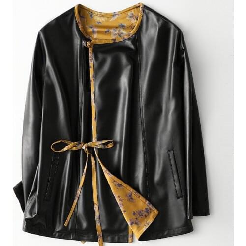 High Street Sheepskin Mid Length Black Jacket Printed Lining Womens Genuine Leather New Casual Coat 2021 Spring Clothing