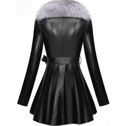 Fashion Real Sheepskin trench outwear Wash-Free Imitation Rabbit Fur Glossy PU woman Leather Coat Long