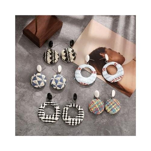 NEW Korea Bamboo Wooden Straw Weave Rattan Knit Vine Geometric Circle Long Drop Earrings for Women Girl Beach Jewelry