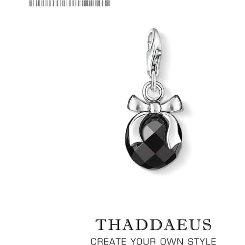 Bow Knot with Black Crystal Charm Authentic 925 Sterling Silver Women Jewellery Fit Bracelet Clavicle Chain Pendant Charms