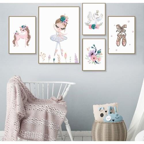 White Swan Pink Horse Flower Little Ballet Girl Poster Canvas Painting Nursery Wall Art Princess Baby Room Decorative Picture