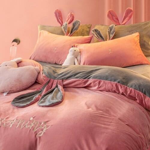 Warm Flannel Bedding Sets With Cute Bunny Ears Sheet Duvet Cover For Kids Adults King Size 3/4/pcs 14 Color Pnik 2019 Quality