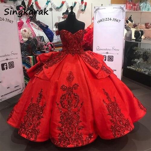 Red Sparkly Quinceanera Prom Dresses 2021 Off Shoulder Lace Applique Sequins Ball Gown Tulle Party Sweet 16 Dress Quinceañera