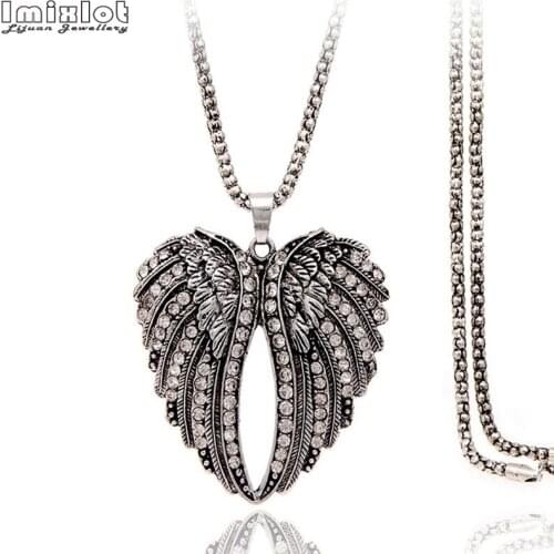Retro Rhinestone Angel Wing Heart Pendant Necklace Fashion Jewelry For Women Sweater Long Chain Necklace Valentine' Gifts
