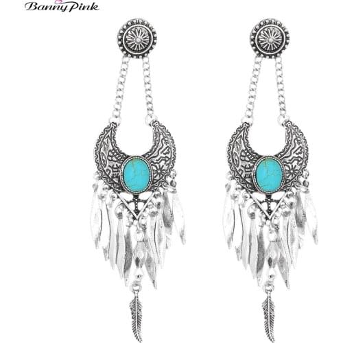 Banny Pink Vintage Leaf Tassel Stud Earrings For Women Ethnic Stone Crescent Moon Statement Post Earring Tibetan Pendant Earring
