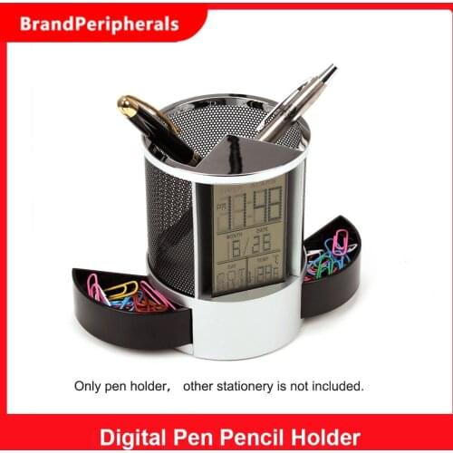 Mesh Pen Pencil Holder Digital LCD Desk Alarm Clock Mesh Pen Holder Calendar Timer Temperature Calendar Table Desktop Clock 2