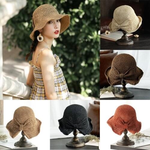 Handmade Summer Hats For Women Weaving Bowknot Sun Caps Wide Brim Soft Panama Hat Parent-Child Beach Hat Shade Caps