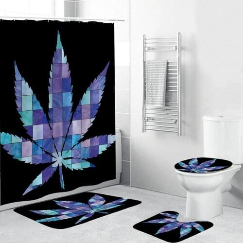 Maple leaf Print Shower Curtain Bathroom Set 4 Piece Bath Mat Pad Carpet Cover Toilet Cover, Waterproof Polyester Fabric