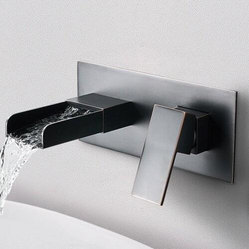 Bathroom Basin Faucet Total Brass Waterfall In-Wall Hot & Cold Sink Mixer Tap Wall Mounted Black/Chrome Lavatory Water Crane Tap