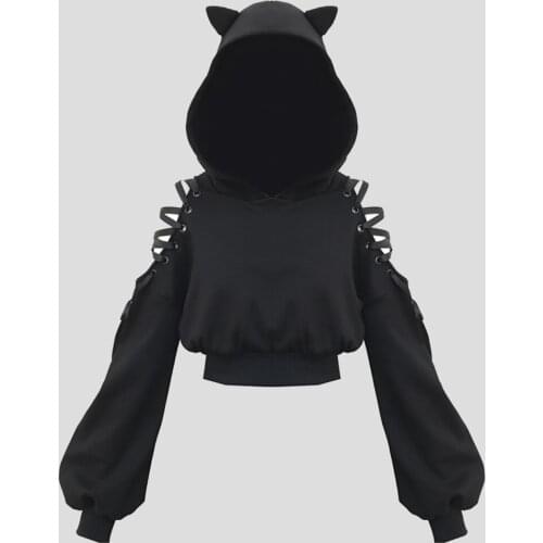 Gothic Sweatshirts Women Punk Cat Ears Hoodies Goth Kpop Black Loose Short Hip Pop Autumn Winter Fleece Female Streetwear Hooded