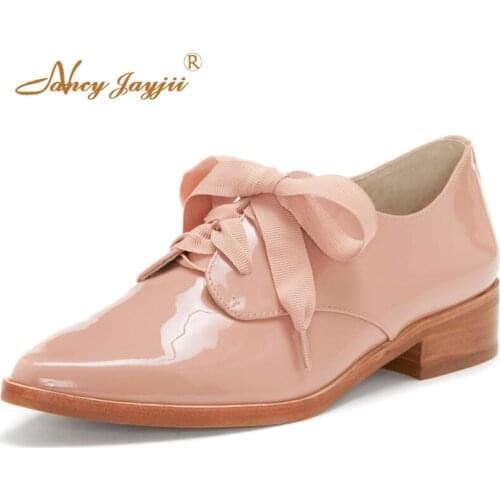 Sweet Spring Pink Butterfly-Knot Low Heels For Woman Shoes Patent Leather Lace-up Pointed Toe Large Size 10 15 Ladies Beautyfeet