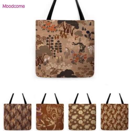 Japan Traditional Design Pattern Birds Flower Texture Water Resistant Cotton Linen Large Shopper Shopping Bag Shoulder Tote Bag