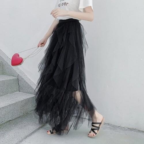 Women Summer Irregular Stylish Fairy Tulle Long Skirt Ladies Sweet Mesh Summer Princess Multilayer Solid Skirts 2019