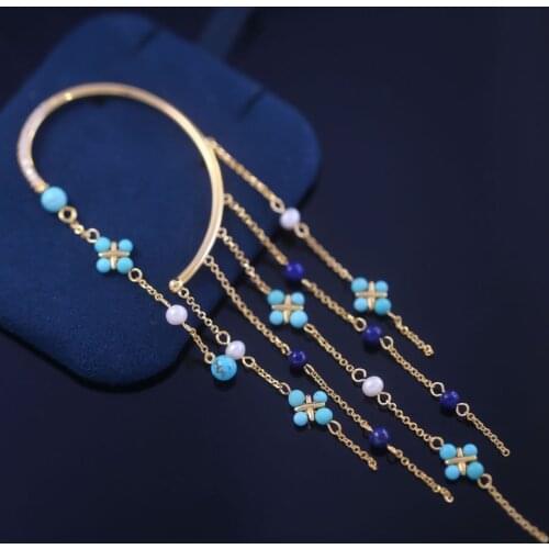 SLJELY Fashion 925 Sterling Silver Single Roma Blue Stone Tassel Chain Ear Cuff July New Women Clip Earring Luxury Brand Jewelry