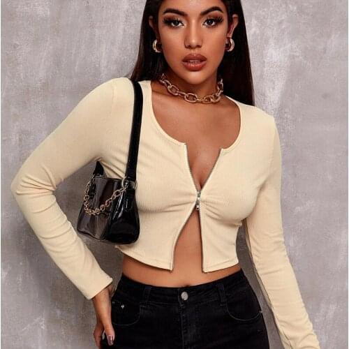 Women Knitted Double Zipper Bodycon Cropped Tops Full Sleeve Femmel Khaki Solid Sexy Clubwear Tshirts For Autumn