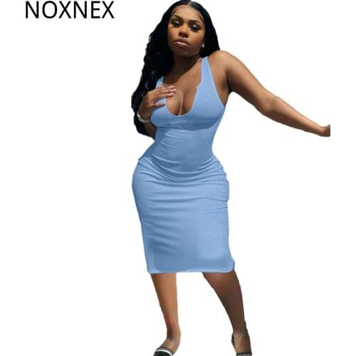 NOXNEX Women Summer V-neck Bodycon Midi Dress Sexy Basic Casual Sleeveless Tank Sundress Mini Pencil Knitted Dresses