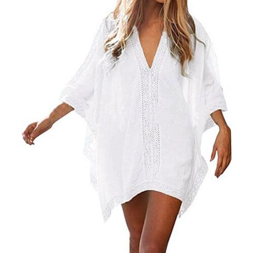 Women Sexy Loose Plus Size Beach Dress Swimwear Bikini Cover Up Tops Ikini Cover-Up Blouse Beach Hollowed-Out Dress Holiday