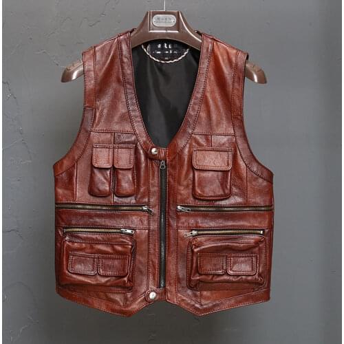 Leather Cow Genuine Mens Waistcoat Jacket Tank Top Vest Multiple pockets XL-8XL High Quality